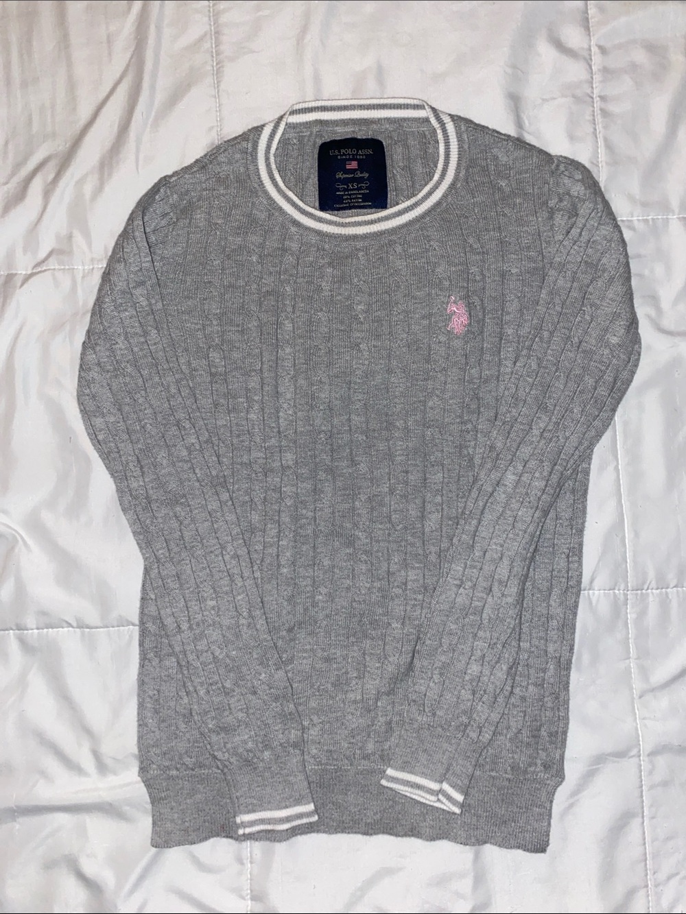 Ralph Lauren Gray Cable-Knit Sweater with Pink Pony